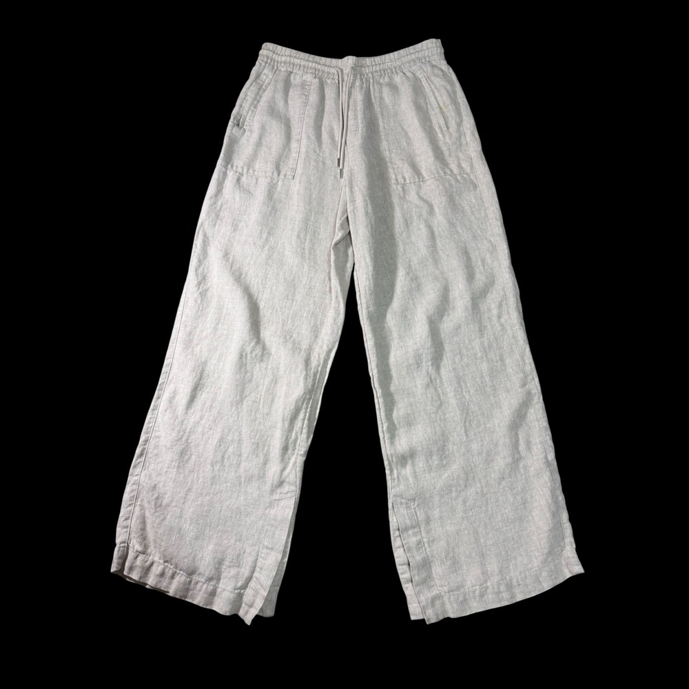 Athleta Wide Leg Linen Pants Oatmeal Beige XL Tall Drawstring Pockets Breathable